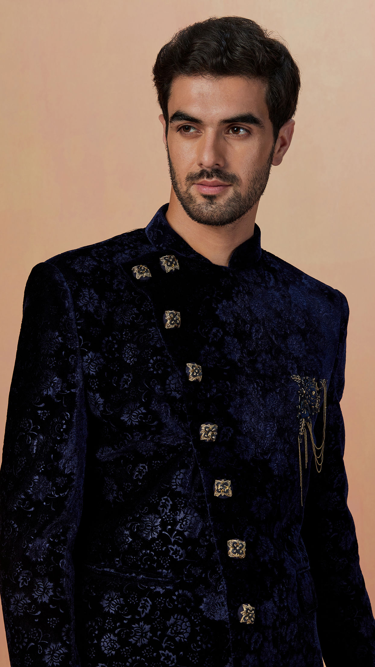 alt message - Manyavar Men Blue Floral Bandhgala Indo Western image number 0